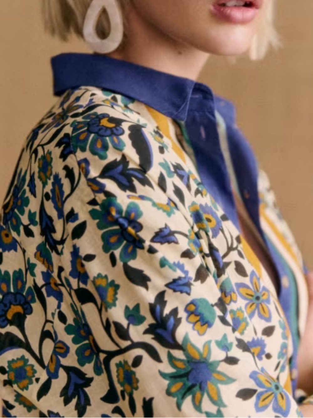 Sézane x Momoni Sz 44 / US 12 Blouse Blue Mustard Black Floral Button-Front Top - Picture 2 of 10
